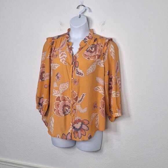 Lauren Conrad Floral Blouse Sz XXL Button Front Puff Sleeves Boho Cottagecore - Picture 2 of 14